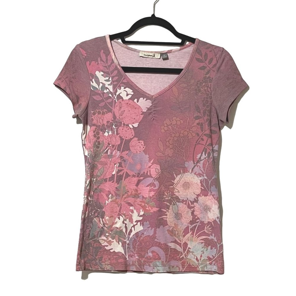One World women's size M muted pink floral gathered v neck cap sleeve t-shirt